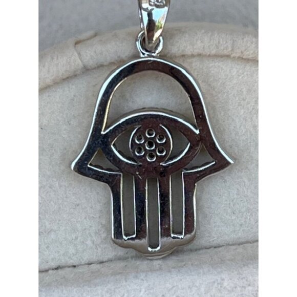 925 Sterling Silver CZ Sapphire Hamsa Hand Talisman Evil Eye Pendant Charm - Picture 3 of 4